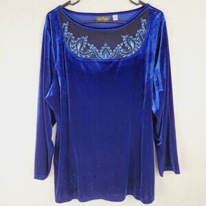 Bob Mackie blue velvet top embroidered long sleeve Size XL Boho Glam Luxe